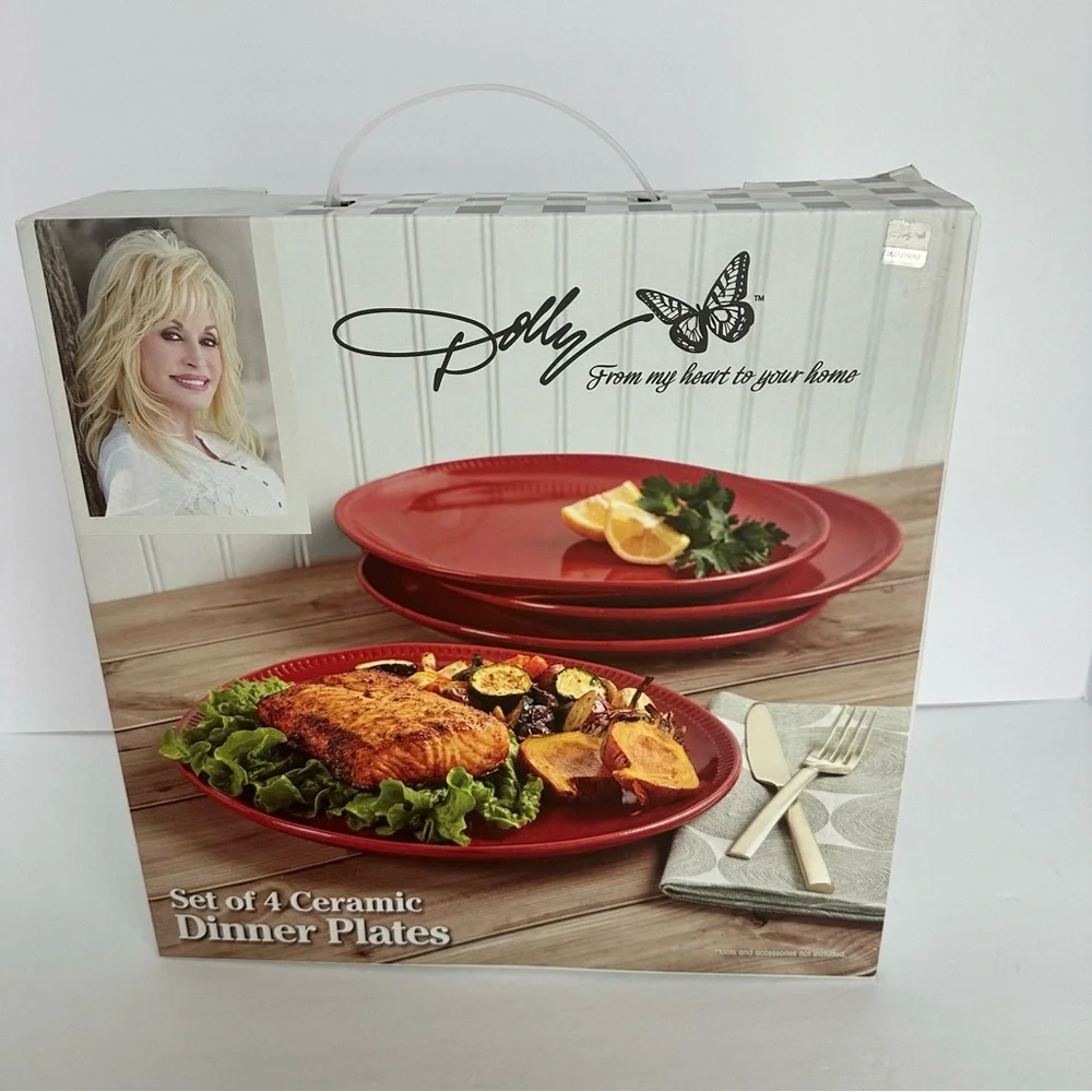 Dolly Parton Iconic Ceramic Dinner Plates Red 11” Round Coupe Set 4 New In Box